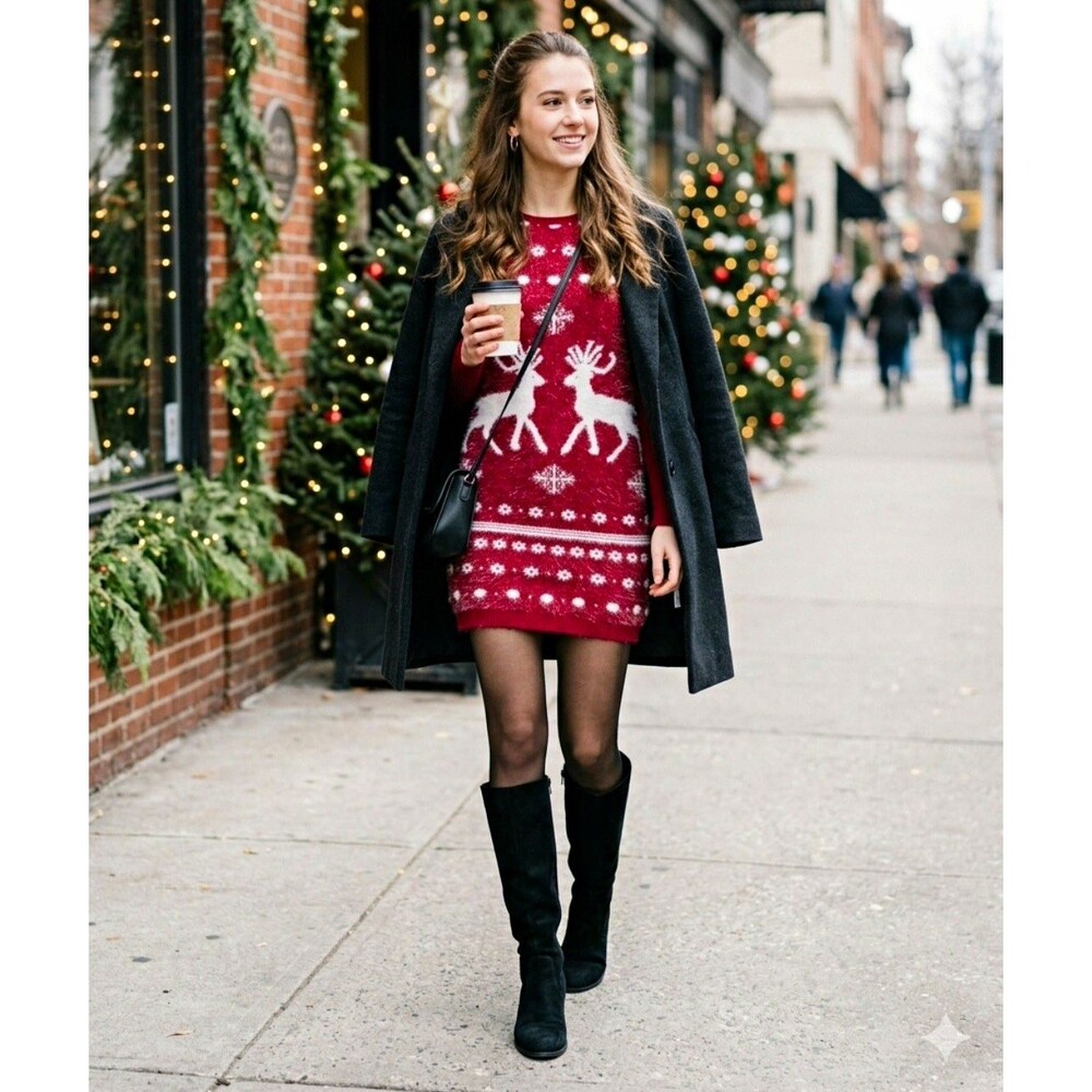 Juniors S Christmas Sweater Mini Dress Reindeer Nordic Snowflake Fuzzy Bodycon